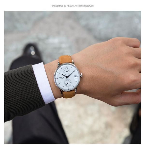 

wristwatches nesun men's automatic mechanical watch fashion casual sports business waterproof leather watches relogio masculino, Slivery;brown