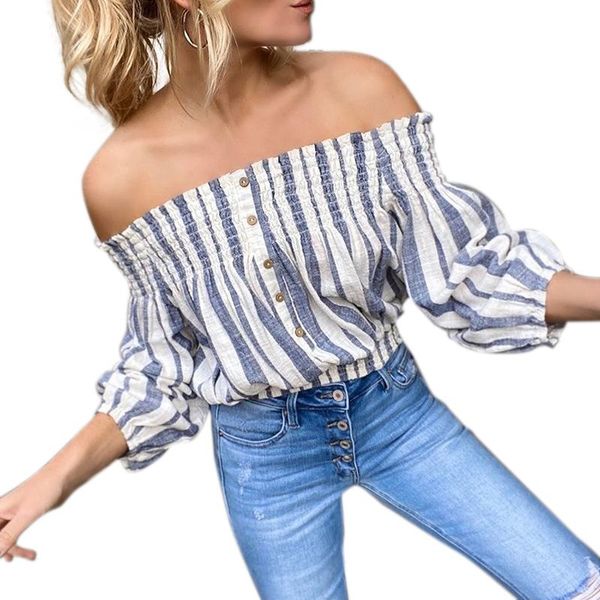 

women's blouses & shirts women summer elegant striped one word blouse shirt strapless lantern sleeve loose casual, White