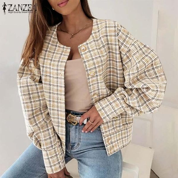 

women's jackets 2021 fashion casual long sleeve coats zanzea elegant checked printed women vintage o neck button plaid overcoats female, Black;brown