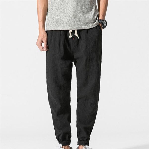

cotton linen casual harem pants men joggers man summer trousers male chinese style baggy 2021 harajuku clothe men's, Black
