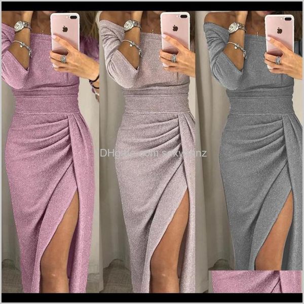 

wrap dress casual clothing apparel elegant evening formal womens hip-covered slit one-line collar sparkling dress dinner designer wwo, Black;gray