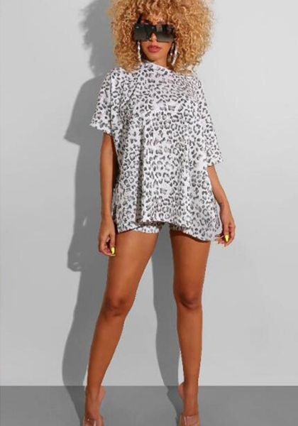 

women's tracksuits women summer style leopard print casual loose irreghlar t-shirt high waist shorts two-piece suit, Gray