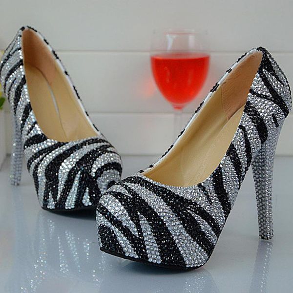 

dress shoes round toe zebra crystal closed party silver and black rhinestone wedding bridal high heel for lady evening pump