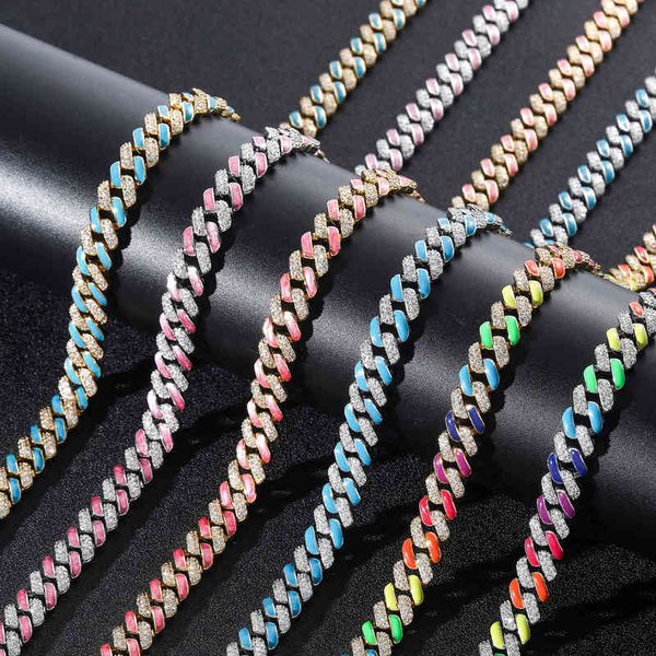 

new necklace colorful cuban chain rainbow zircon personalized fashion brand men's and women's hip hop accsori, Silver