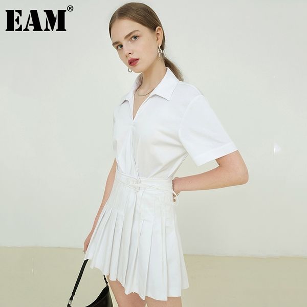 

[eam] women white bandage pleated big size shirt dress lapel short sleeve loose fit fashion spring summer 1dd8955 210512, Black;gray