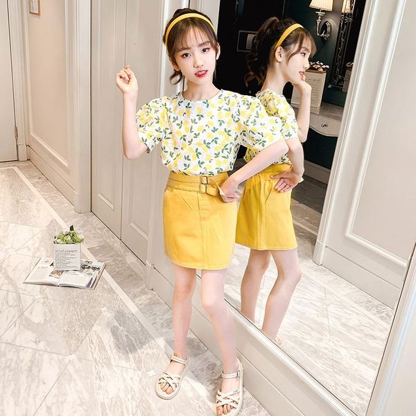 

summer children clothing sets for girls flower short sleeve and skirt 2pcs kids clothes suit fashion teenager costume, White