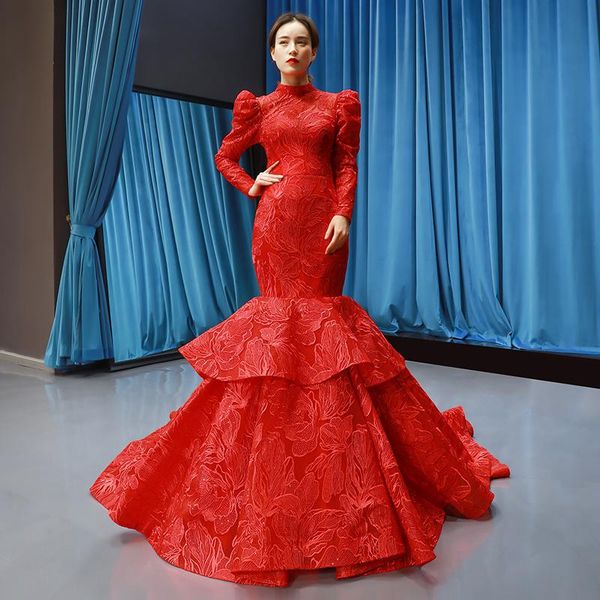 

party dresses romantic mermaid evening dress 2021 long sleeves high-neck open back tiered red train lace up design, White;black