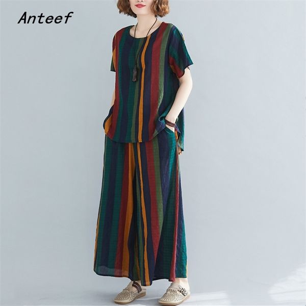 

cotton plus size vintage summer casual 2 two piece set loose tee t shirt women t-shirt ladies tshirt wide leg pants 210406, White