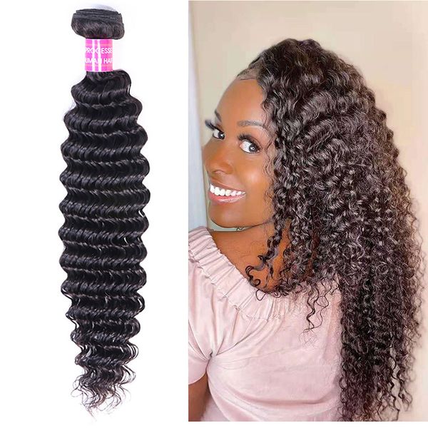 

human hair extensions indian peruvian brazilian hair natural 1b color deep wave bundles virgin remy hair 4pcs, Black