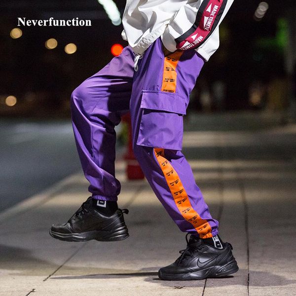 

men's pants men letter printed multi-pocket casual cargo windbreaker fabric elastic waist streetwear ankle-length joggers sweatpants, Black