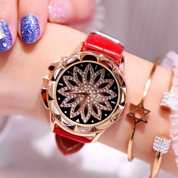 

wristwatches 1pcs rhinestone women quartz watches ladies watch leather big dial crystal diamond flower clock fashion bracelet wrist, Slivery;brown