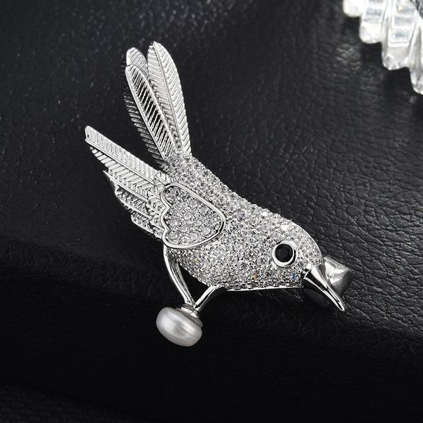 

korean creative bird pearl zircon high grade pin versatile temperament suit coat brooch, Gray