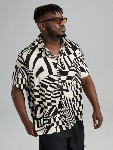 

extended sizes men geo print shirt x4de#, White;black