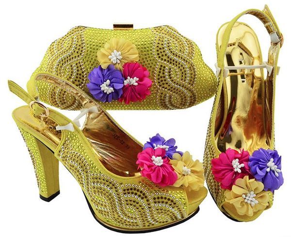 

latest party sets lady high heel sandal shoes and handbag set with nice flower decoration jzs-02 in gold, dress, Black