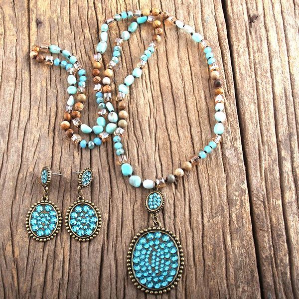 

earrings & necklace md fashion boho jewelry set semi precious stone glass knotted pave crystal pendant earring women gift dropship, Silver