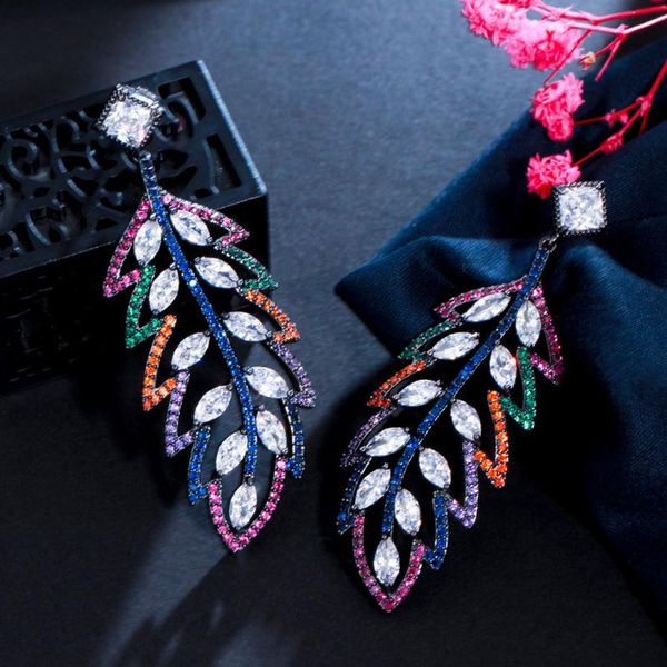 

dangle & chandelier cwwzircons delicate symmetrical leaf multicolor cubic zircon dangling drop long elegant earrings for women jewelry gift, Silver