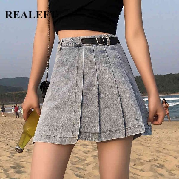 Sommer Damen Denim Faltenröcke Hohe Taille Skater Mini Schärpen Jeans Weibliche Shorts A-Linie Saia 210428