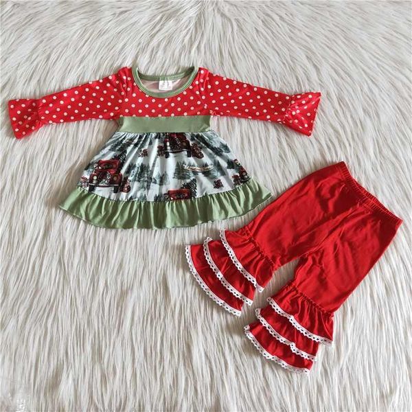 

clothing sets wholesale baby girl fashion christmas clothes ruffle dot long sleeve tree car red lace pants outfit children boutiquetoddler s, White
