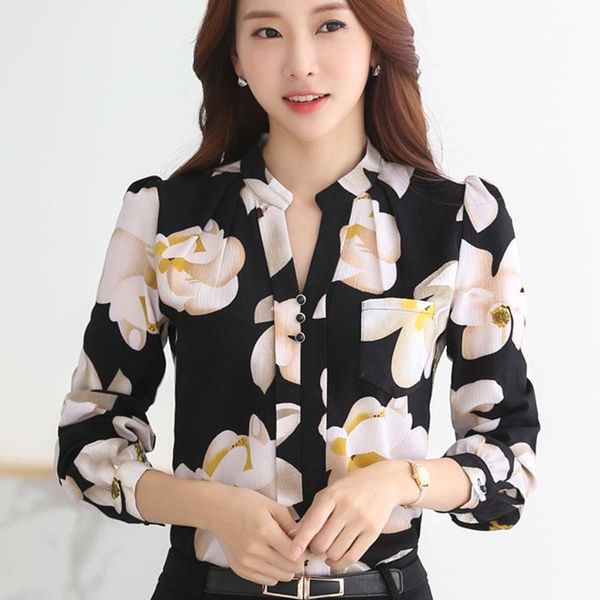 

casual print v-neck ol blouse fashion woman blouses 2021 long sleeve chiffon shirt women blusa feminina a90 women's & shirts, White