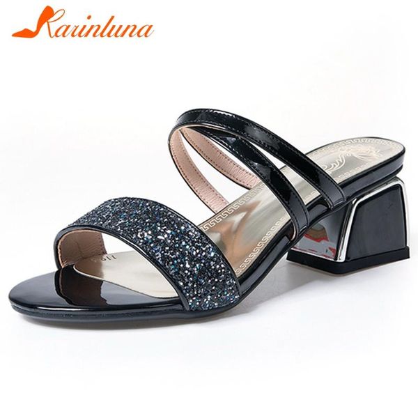 

dress shoes karin female casual office sandals open toe shiny bling slip on high heels outdoor women party summer, Black