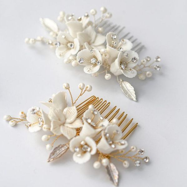 

hair clips & barrettes bridal jewelry porcelain flower head pieces crystal hairpin headdress for brides women girl combs pins wedding access, Golden;silver