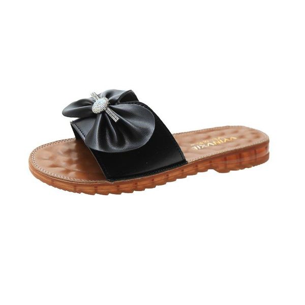 

casual summer women's slippers 2021 fashion all-match bows embellished sweet and cute small fresh, Black