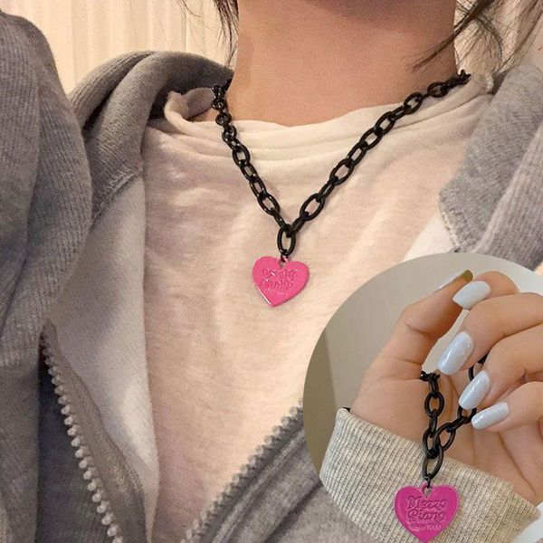 

pendant necklaces harajuku pink love heart necklace for women men retro punk aesthetic metal choker chain party gift novelty, Silver