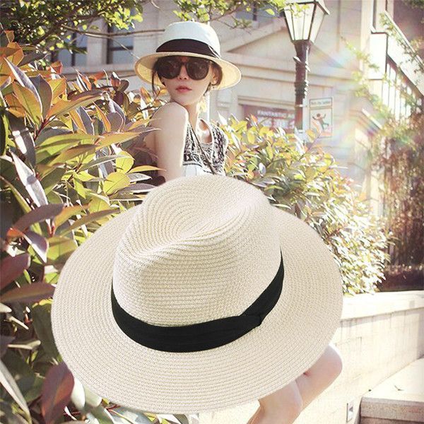 

summer foldable straw hat flat brim straw beach hat british black and white sunshade couple hat lady, Blue;gray