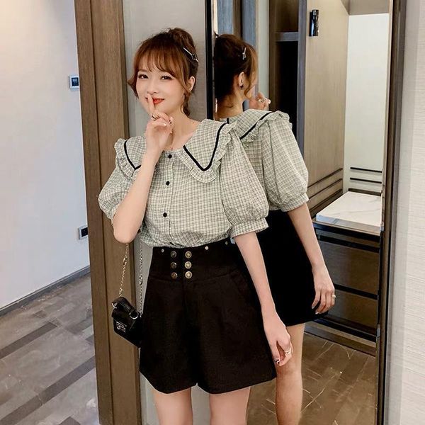

women's tracksuits plaid jacket two piece set salt sweetness high waist shorts wide leg women sets clothes, Gray