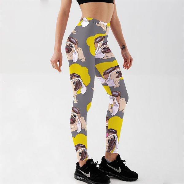 

fitness push up women leggings digital print cartoon spectacled cute pug feamle workout legging, Black