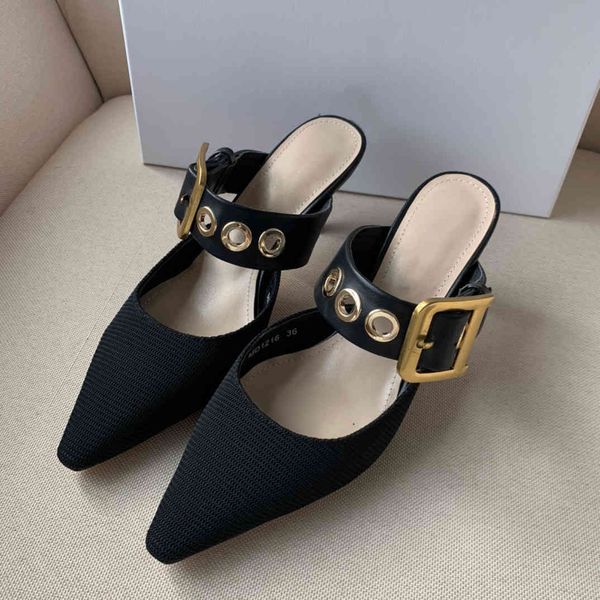 

slipper women's outer wear summer baotou flat mules shoes pointed buckle lazy half slippers casual slides flip flop size 42 60% off sto, Black
