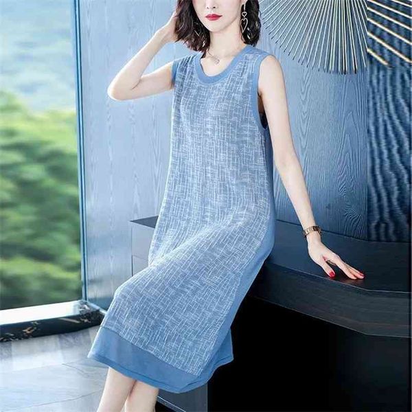 

fashion patchwork loose o-neck sleeveless knitted dress elegant summer thin mid-length female womn's es 210522, Black;gray