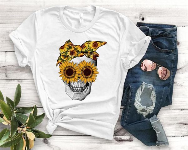 

sunflower bandana skull print women t shirt short sleeve o neck loose ladies causal tee, White