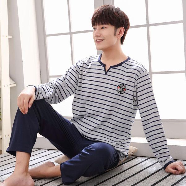

men's sleepwear autumn 100% cotton men pajamas long +long pants two pieces set casual soft loose plus size male homewear, Black;brown