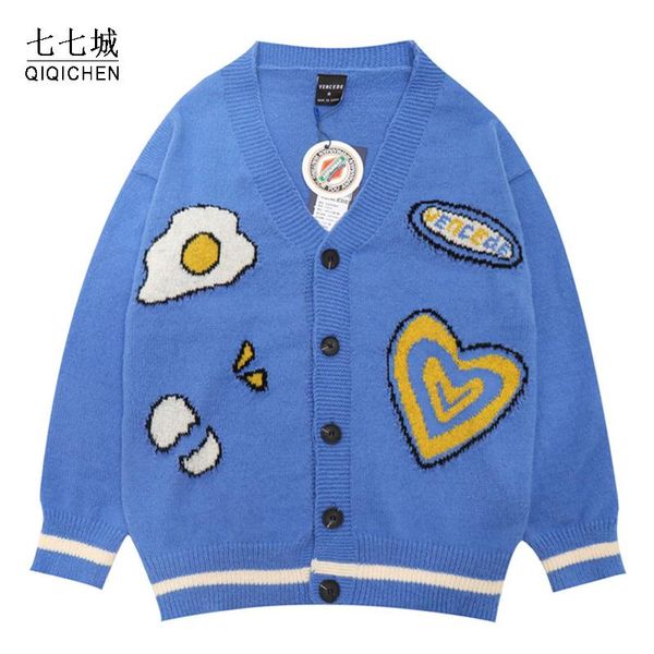 

men's sweaters cartoon sweater men women soft egg cardigan winter hip hop knitwear japan coat streetwear loose jackets 2021, White;black