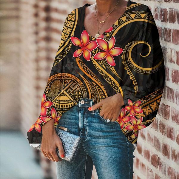 

women's blouses & shirts nopersonality hawaiian plumeria printed women loose blouse vintage color changing polynesian tribal pattern f, White