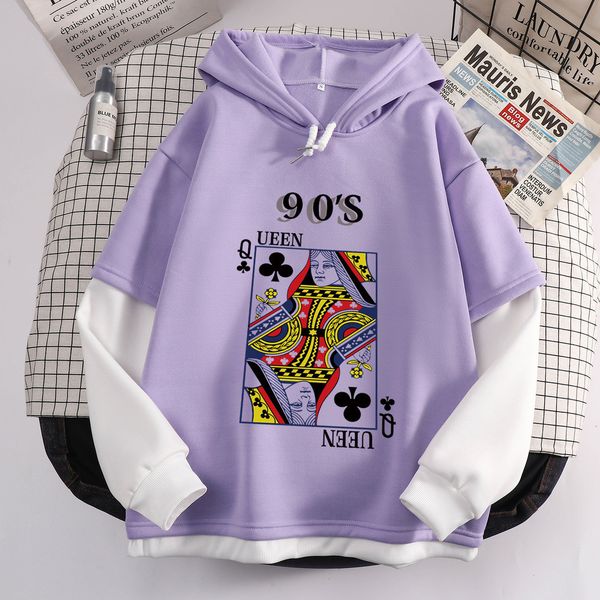 

women hoodie 90s aesthetic oversized poker queen graphic punk gothic vintage sweatshirt thermal fake two pieces patchwork, Black