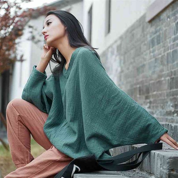 

johnature autumn bat sleeve t-shirts vintage women cotton linen v-neck solid color cloths casual 210720, White