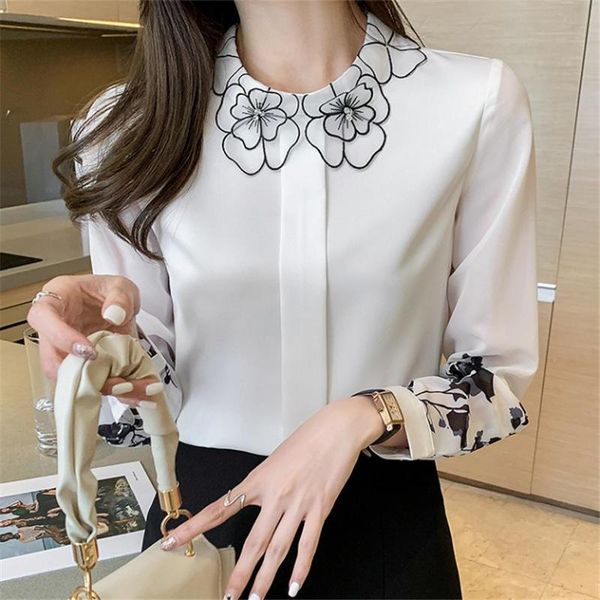 

fashion chiffon blouse women elegant casual print long sleeve office ladies blusas streetwear shirts female solid q3581 women's blouse, White