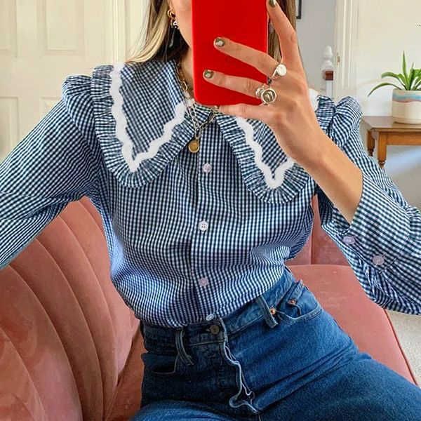 

women's blouses & shirts blue plaid embroidered blouse women autumn long sleeve turn down collar button casual vintage elegant shirt y, White