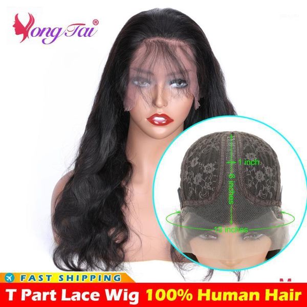 

yuyongtai raw hair wig 250 density body wave t part lace human wigs transparent remy1, Black;brown
