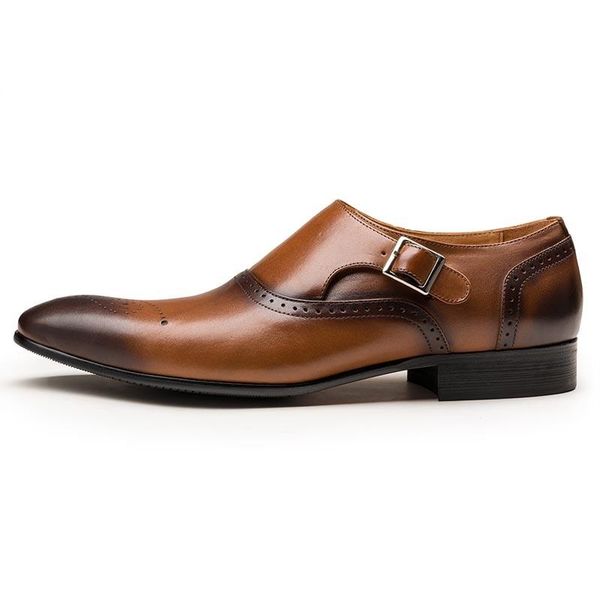 

dress shoes genuine leather single buckle mens formal man retro wedding slip on brown office work prom brogue, Black
