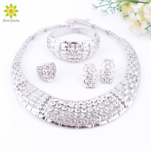 

fashion jewelry sets for women crystal rhinestone wedding ring silver plated necklaces earrings accessories h1022