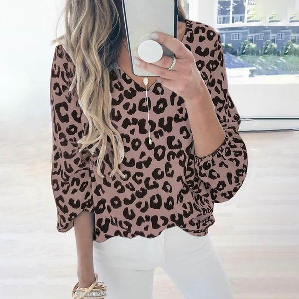 

women's blouses & shirts tunic womens autumn long lantern sleeve leopard print v-neck office shirt casual loose blusas plus size, White
