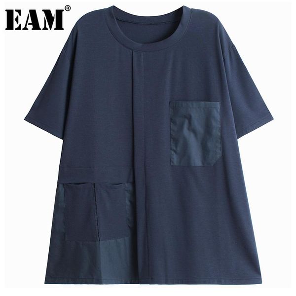 

women's t-shirt [eam] women navy black pockets spliced big size round neck short sleeve fashion tide spring summer 2021 1dd7946, White