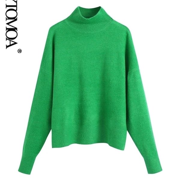 

kpytomoa women fashion soft touch loose knitted sweater vintage high neck long sleeve female pullovers chic 211022, White;black