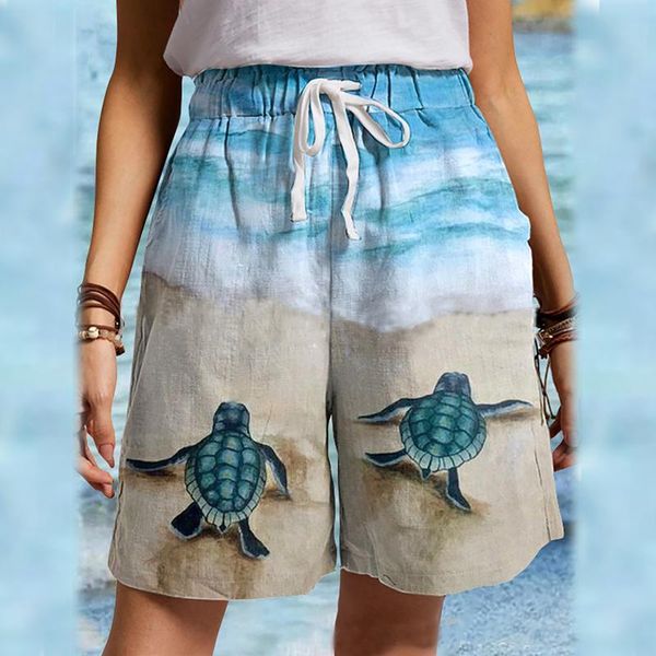 

women's shorts summer casual drawstring pocket print beach trouser fft, White;black