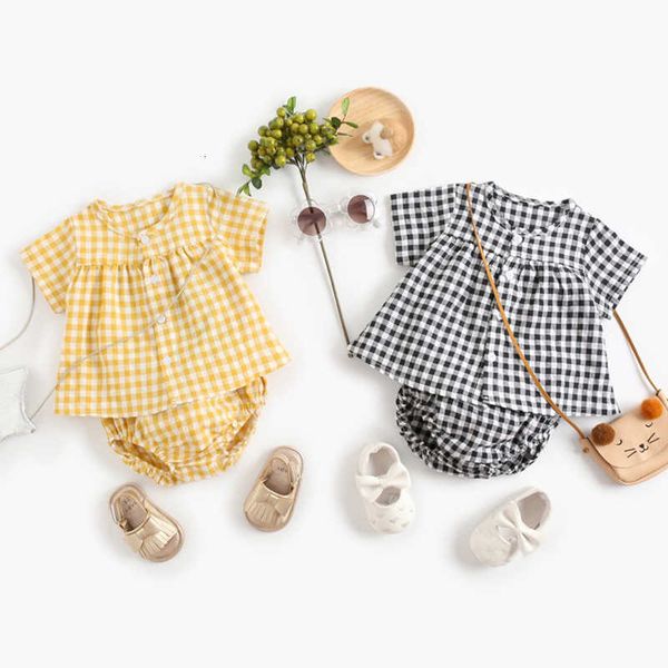 

summer baby girl clothes kids baby girls sets grid cardigan t-shirt + triangle pants clothing suit children clothing sets, White
