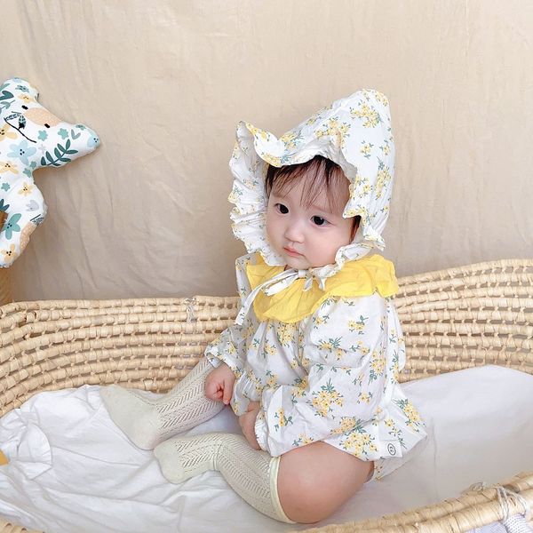 

baby floral romper 2021 newborn kids girls full length sleeve cape collar flower bodysuit jumpsuit with hat sunsuit clothes, Blue