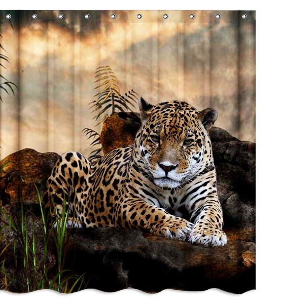 

african safari wildlife animal leopard fabric shower curtain sets bathroom decor with hooks waterproof washablebrown black green